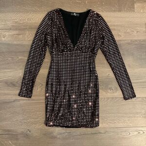 Lux LA copper, black sequin plunge neck long sleeve mini dress, XS